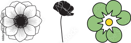 Vector Floral Set with Outline, Silhouette, and Flat Design Styles