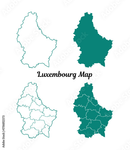 Teal Contour Map of Luxembourg with Borders on White Background