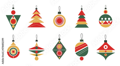A festive collection of colorful, geometrically patterned Christmas tree ornaments in a modern flat design style, perfect for holiday celebration concepts