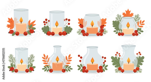 Illustrated collection of cozy seasonal candles in glass lanterns decorated with autumn leaves, winter berries, and evergreen sprigs