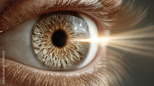 Cataract and prevention concept , light ray eye closeup, human iris detail, pupil glow, macro, sharp, golden tone with awe