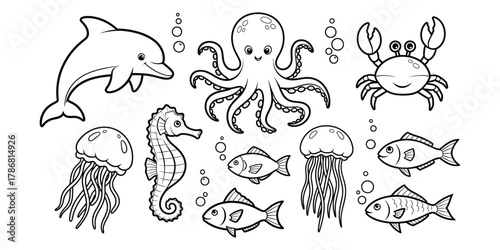 Cute cartoon ocean animals dolphin octopus crab seahorse jellyfish fish bubbles vector