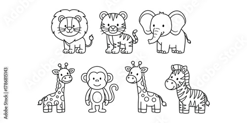 Cute cartoon safari animals lion tiger elephant giraffe monkey zebra line art vector
