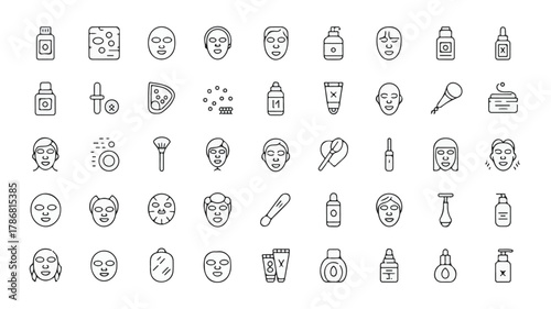Minimalist Line Art Icons Representing Skincare Products and Face Masks beauty cosmetic