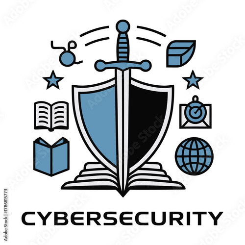 Cybersecurity shield sword open book globe clock and stars graphic illustration protection