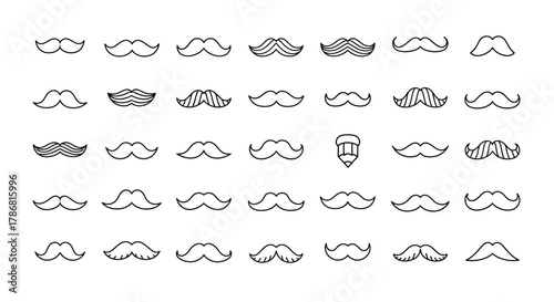 Collection of mustache illustrations in a grid pattern on white background.