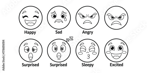 Eight black and white cartoon emoji faces showing different emotions with labels happy
