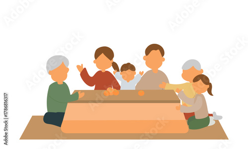 こたつでみかんを食べる三世代家族のイラスト