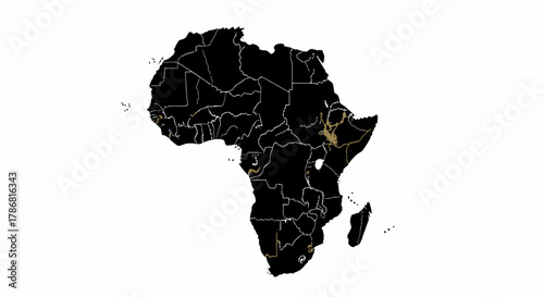 Africa continent map with country borders, black silhouette on white background.
