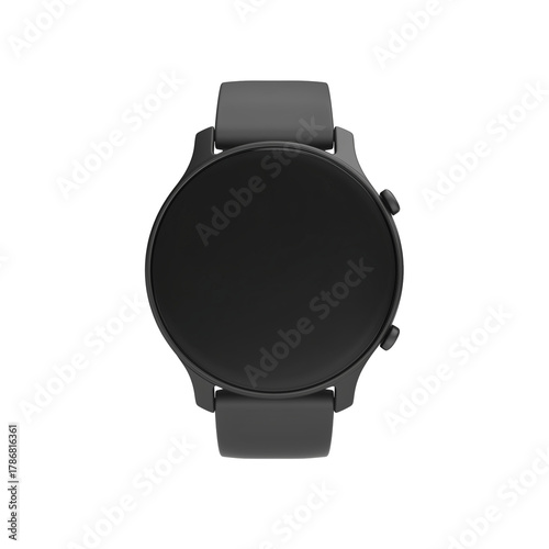 Sleek modern black smartwatch with round face and silicone band on transparent background