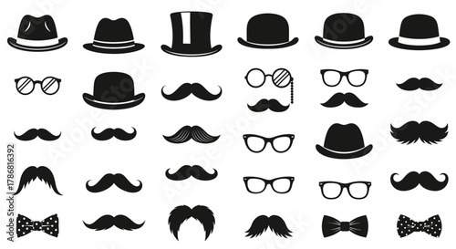 Collection of hats, glasses, mustaches, and bow ties in black and white.
