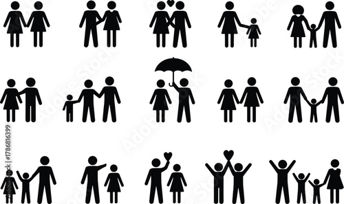 Family silhouette icons, relationship symbols, parenting poses, love and care, adult-child interaction, black figures, social bond, emotional connection