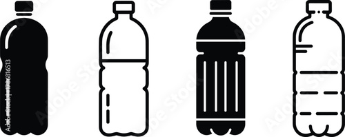 Plastic bottle icons, packaging silhouettes, black graphic set, container shapes, beverage design, branding reference, manufacturing visuals