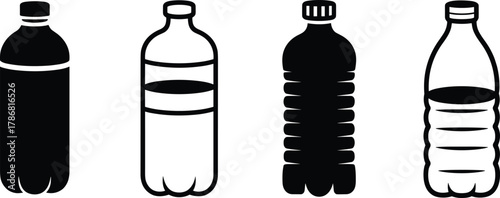 Plastic bottle icons, transparent liquid graphics, packaging silhouettes, beverage container shapes, black and white design, branding reference, product mockup