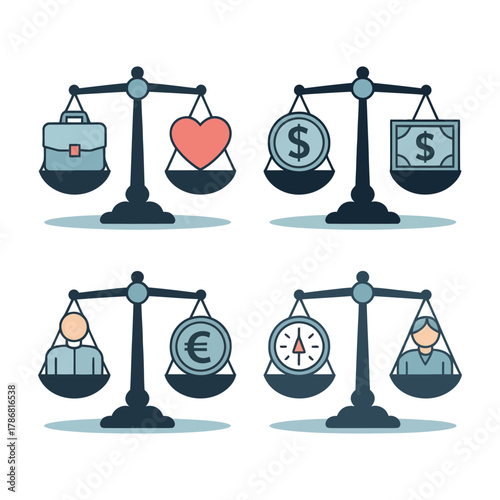 Four balance scales weighing different concepts like work love money time and people