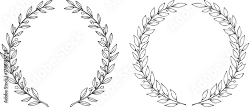 Elegant Hand-drawn Laurel Wreaths, Botanical Line Art Vector Frame Design