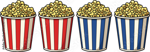Popcorn containers, striped design, red and blue cups, cinema snack, movie food, popcorn row, white background, snack concept, visual set