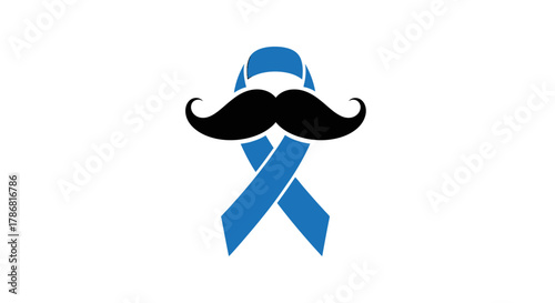 Blue ribbon with a black mustache on a white background.