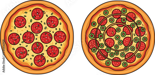Pizza illustration set, pepperoni and olive toppings, food geometry, slice division, culinary art, topping layout, visual analysis concept