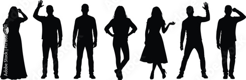 Human silhouette set, standing poses, gesture diversity, body language icons, fashion outline, posture study, people shapes, animation reference