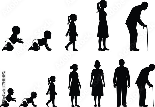 Human life stages silhouette set, baby to elderly, growth progression, black vector icons, aging concept, white background, educational design