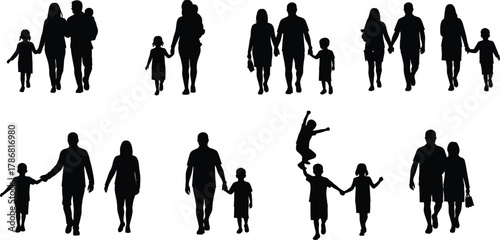 Family silhouette set, adult and child interactions, parenting icons, walking poses, gesture diversity, social connection, relationship illustration