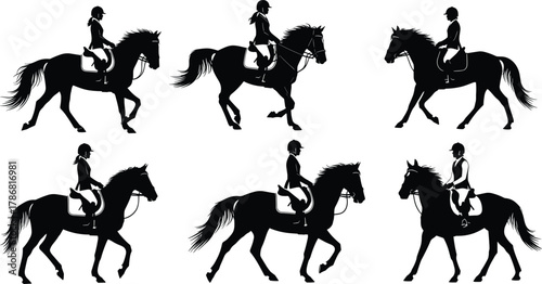 Horse riding silhouette set, equestrian posture, helmeted riders, trotting horses, black vector icons, white background, sports, training, illustration