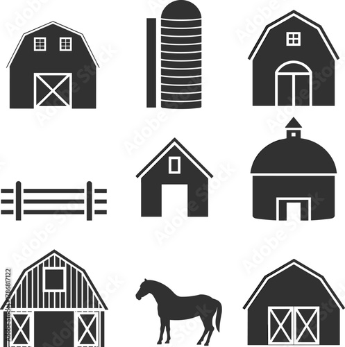 Farm structure icon set, barn and silo silhouettes, rural architecture graphics, black agricultural elements, horse and fence illustration pack