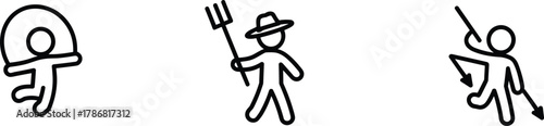 Human activity icons, circus performer, farmer with pitchfork, archer with bow, black and white symbols, profession silhouettes, bold line art