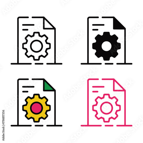 Four document icons with gear symbols in black white yellow pink and green cogwheel