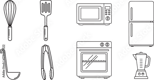 Monochromatic Line Art Style Kitchen Gadgets and Home Appliance Vector Set