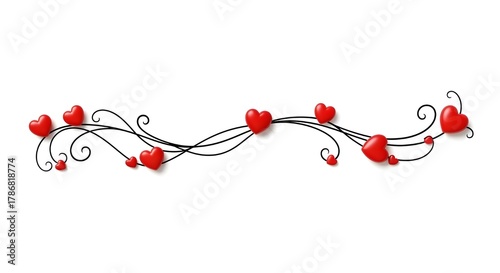 Heart line border perfect for Valentine's Day or Mother's Day designs. Black heart line art divider adorned with red 3D hearts on a white background.

