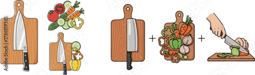 Flat Illustration of Food Preparation Sequence with Cutting Boards, Knives, Vegetables