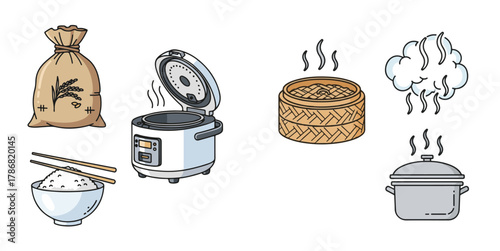 Illustrated Set of Rice and Cooking Elements with Steam on White