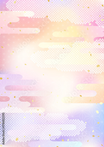 空のグラデーションと日本の伝統的な模様を組み合わせた和風背景イラスト