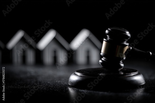 Black Gavel And Miniature Houses On Dark Background