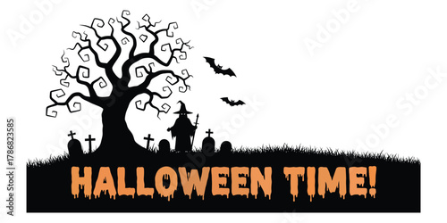 Spooky Halloween scene with silhouette of a witch bats and graveyard vector