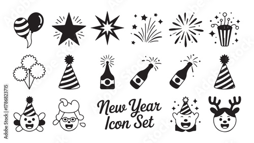 Festive new year celebration icon set with holiday elements and celebratory graphics