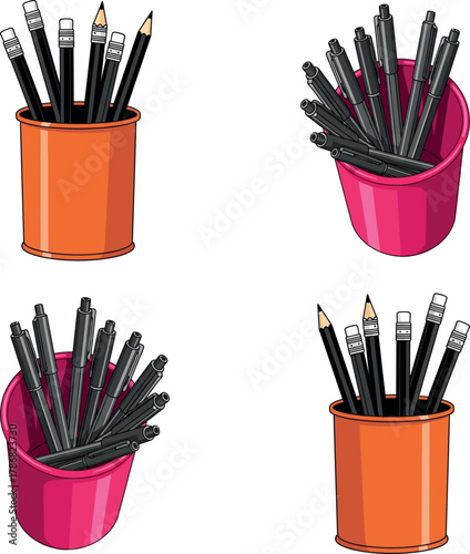 Set of four pen and pencil holders with office supplies
