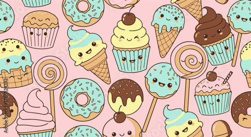 Sweet and cheerful seamless pattern with adorable illustrated desserts like cupcakes, donuts, and ice cream cones, perfect for festive backgrounds