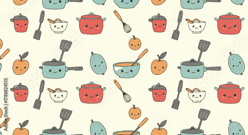 Adorable kitchen utensils and cheerful fruits create a delightful and charming seamless pattern design