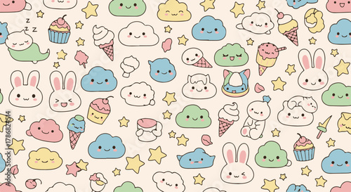 Delightful pastel kawaii character seamless pattern with adorable clouds, bunnies, and sweet treats background