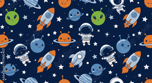 Fun cosmic journey seamless pattern with cute astronauts, rockets, planets, and friendly aliens on a starry background, ideal for kids