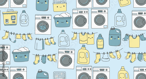 Adorable and cheerful laundry day seamless pattern featuring cute washing machines and hanging clothes in a bright, friendly style