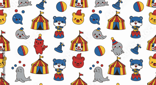 Whimsical circus animals and tent seamless pattern, featuring cute characters perfect for children's designs and fun backgrounds