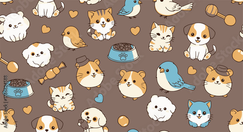 Charming and endearing cartoon pet seamless pattern design featuring various adorable animals like cats, dogs, and birds