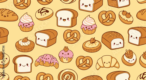 Adorable cartoon bakery goods creating a delightful seamless pattern, perfect for packaging, fabric, or digital backgrounds