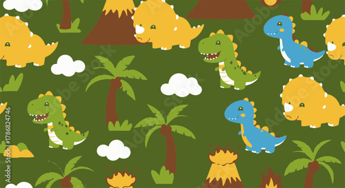 Vibrant and adorable cartoon dinosaurs roam a prehistoric jungle landscape, forming a playful seamless pattern for kids' textiles and decor