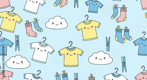 Whimsical cartoon laundry elements with smiling clothes and clouds form a delightful seamless pattern, ideal for kids' textiles and decor