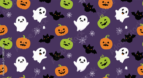 Spooky fun Halloween seamless pattern featuring friendly ghosts, colorful pumpkins, and flying bats on a vibrant purple background